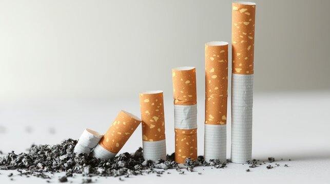 A creative arrangement of cigarettes illustrating a gradual decline, symbolizing smoking cessation and health awareness.