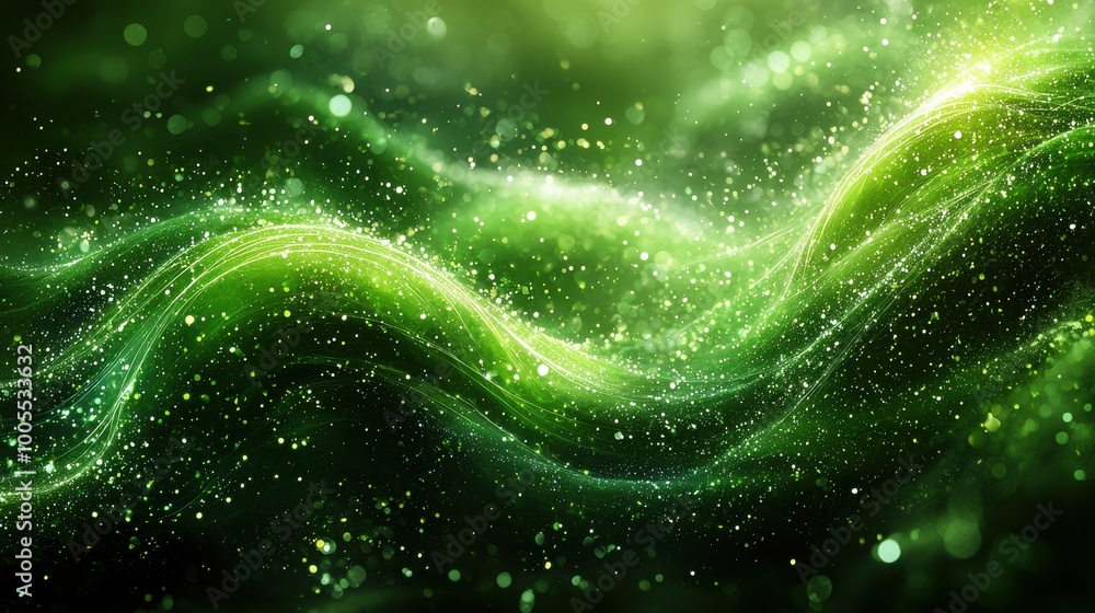 Poster vibrant green abstract wave patterns illuminated with sparkling particles in a mystical atmosphere
