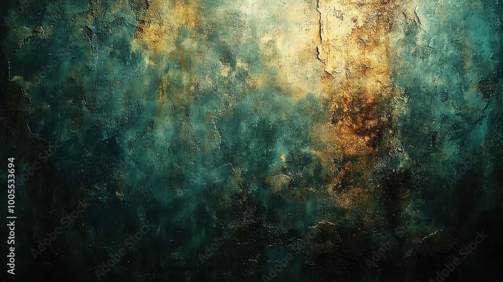 Poster abstract textured wall with green and gold hues illuminated, creating an atmospheric background for 