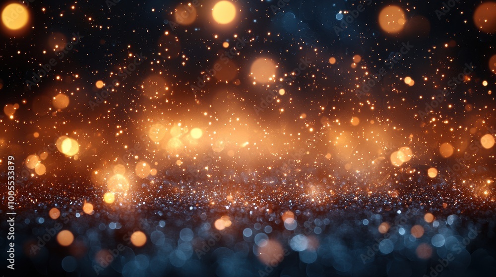 Poster a sparkling, shimmering background of golden and blue particles glowing softly in a dark setting, cr
