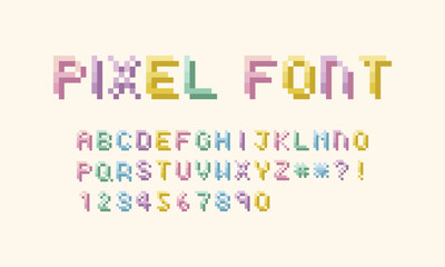 Pastel pixel thin video game vector letter and number font set. Oldschool retro 8 bit typeface.