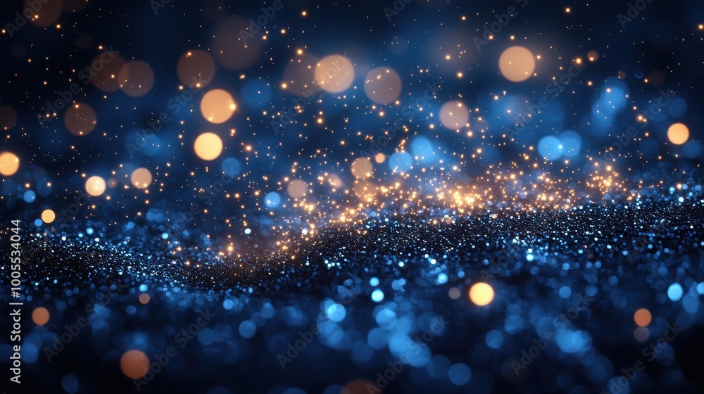 Poster shimmering blue and gold bokeh lights create a mesmerizing backdrop of sparkling particles in a drea