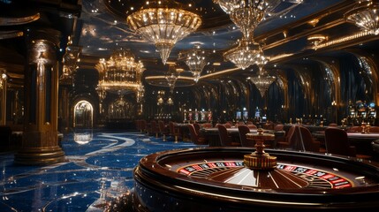 Obraz premium A lavish casino interior featuring ornate chandeliers, elegant furnishings, and a luxurious atmosphere centered around a roulette table.