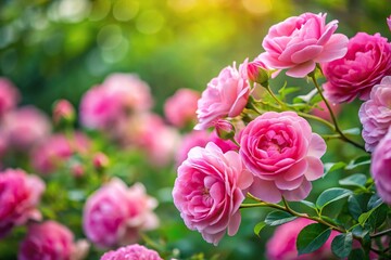 Obraz premium Pink flowers on blooming rose bush at a tilted angle