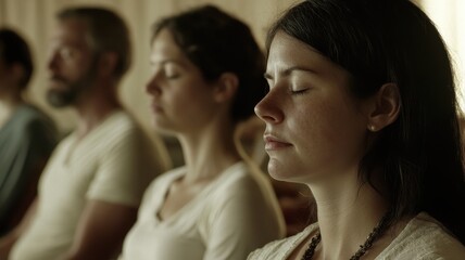People meditating in a serene environment with closed eyes.