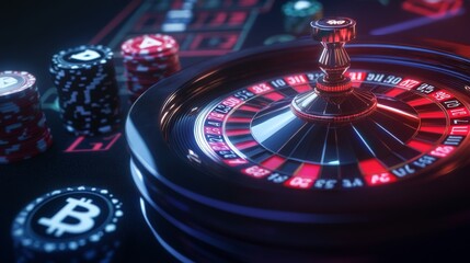 A vibrant roulette wheel surrounded by colorful chips and Bitcoin symbols, representing the intersection of gambling and cryptocurrency.