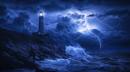 A dramatic lighthouse scene illuminated by lightning, waves crashing against rocks under a dark stormy sky.