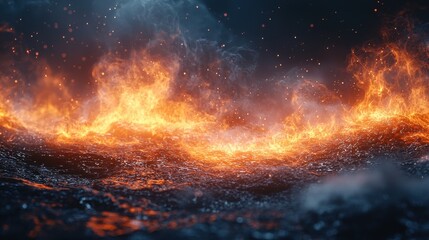 Luminous waves of fire dance upon dark waters under a night sky, creating a striking contrast that captivates viewers