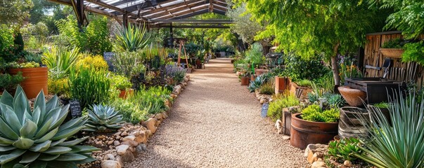 Obraz premium A sustainable garden center specializing in drought-resistant landscaping, selling tools made from recycled metals and organic gardening supplies