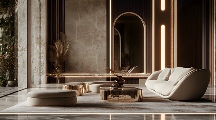 Modern Interior Design with White Sofa, Gold Accents, and Marble Walls