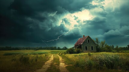 A dramatic stormy sky looms over a lonely farmhouse, surrounded by fields, evoking feelings of isolation and nature's power.