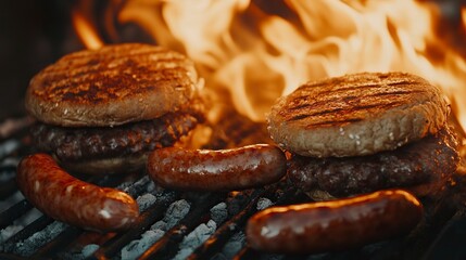 Obraz premium 4K image of Lean Grass-Fed Beef Hamburgers and Bratwurst Sausage Cooking on Charcoal Grill with Flames, Backyard Barbecue, Summer generative ai