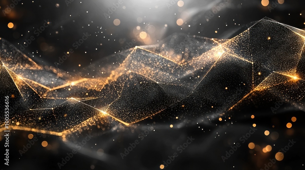 Poster abstract golden waves of light and particles created with digital technology in a dark setting