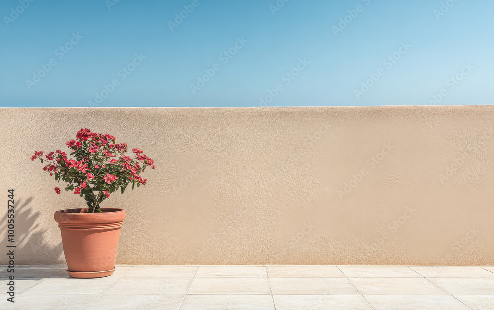 Canvas Prints a vibrant potted flower rests on a sunlit terrace overlooking the clear blue sky in a serene coastal