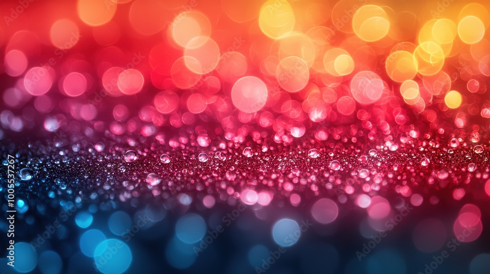 Poster abstract close-up of colorful droplets on a surface creating a vibrant bokeh effect, captured during