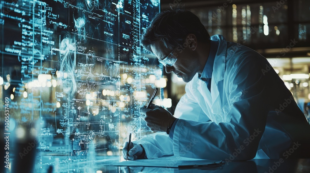Poster a focused scientist analyzes data in a modern lab, surrounded by digital interfaces showcasing compl