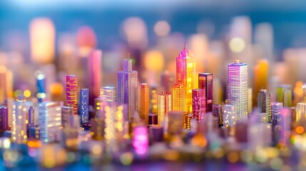 Colorful Nighttime Cityscape with Skyscrapers and Glowing Lights in a Modern Metropolis