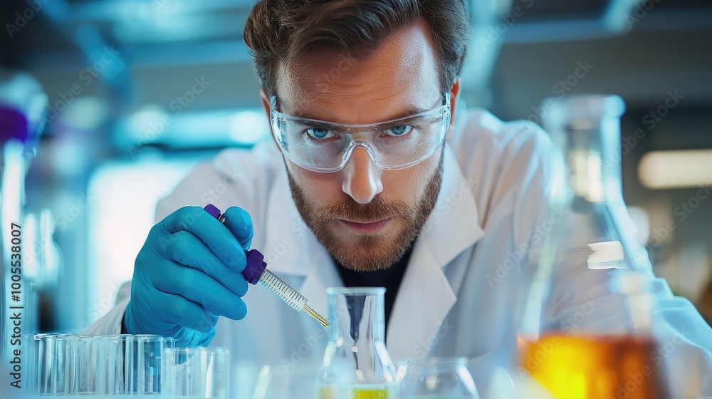 Poster a focused scientist in a lab coat conducts an experiment with precision using a pipette and glasswar