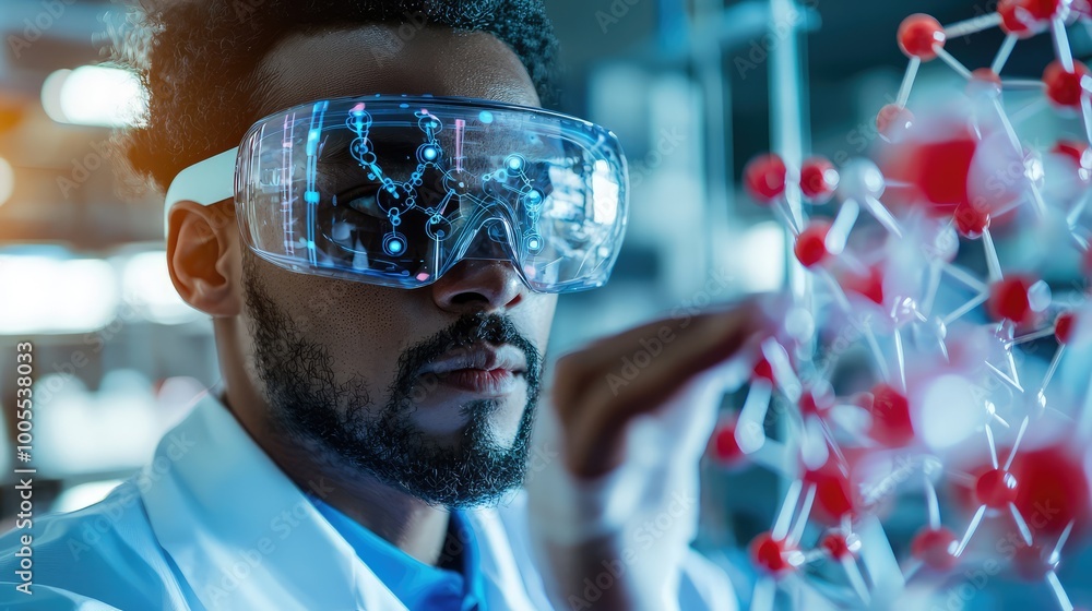 Poster a focused scientist in a lab examines molecular structures with precision, wearing protective goggle