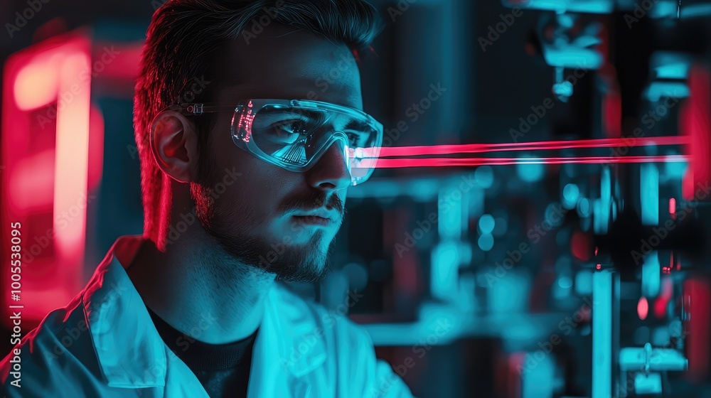 Poster a focused scientist in protective eyewear studies a laser experiment in a high-tech laboratory setti