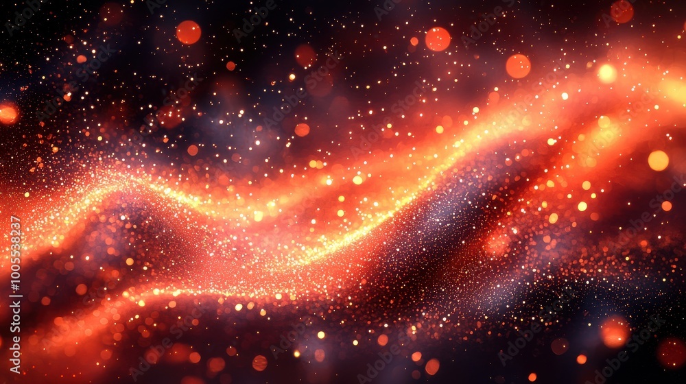 Poster abstract representation of flowing red and orange energy waves with sparkling particles in a dark ba