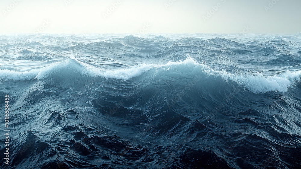 Poster waves roll across a vast ocean expanse during a calm day, creating a serene atmosphere under soft su