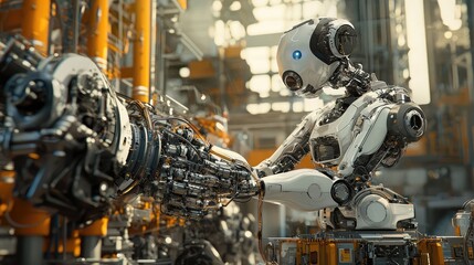 Fototapeta premium A futuristic robot working in a high-tech manufacturing facility, showcasing advanced technology and intricate machinery.