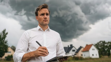 Surveyor inspecting a damaged roof after a storm, insurance agent taking notes, rural neighborhood with dramatic weather in the sky, property insurance, damage assessment
