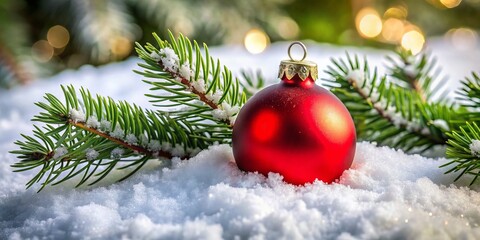 Amidst a snowy backdrop, a striking red Christmas ornament finds a cozy resting place, embraced by verdant fir