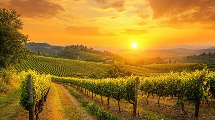 Naklejka premium Picturesque vineyard at sunset, golden light illuminating the grape vines.
