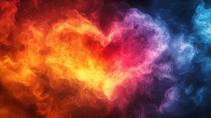 A vibrant cloud formation takes the shape of a heart, blending colors of orange, pink, and blue in an artistic display against a dark backdrop