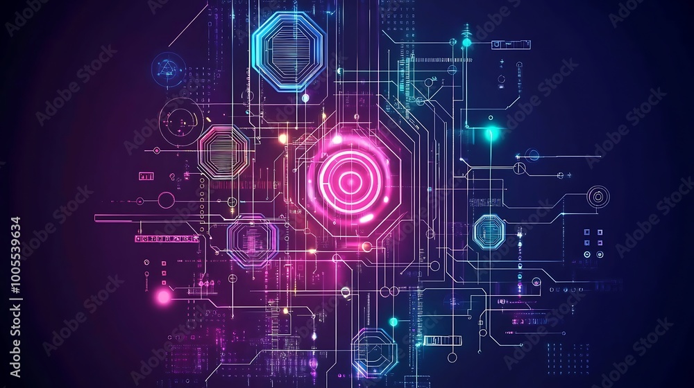Aufkleber abstract digital network with glowing lines and hexagons on dark background.