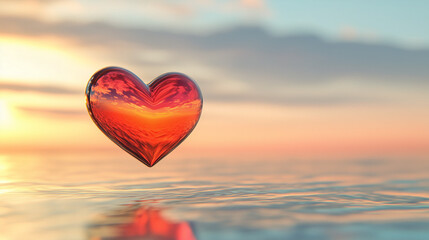 Fototapeta premium Glossy red heart floating in mid-air, against a soft pastel sky, morning light with gentle reflections, calm and serene mood