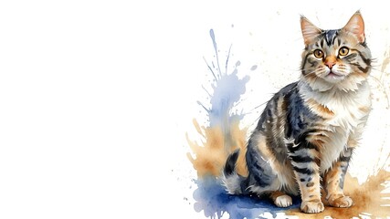 American Bobtail cat, captured in a serene watercolor portrait. Drawing. Art. Illustration. Copy Space. 1
