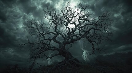 A haunting, barren tree silhouetted against a dark, stormy sky evokes feelings of mystery and solitude.