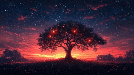 A majestic tree silhouetted against a vibrant sunset with stars twinkling in a colorful sky