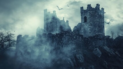 Naklejka premium A hauntingly beautiful view of an ancient castle shrouded in mist, surrounded by dark clouds and flying creatures, evoking mystery.
