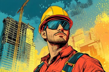 Bold Pop Art Portrayal of a Construction Worker at Work