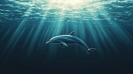 Obraz premium A lone dolphin swims through the deep blue ocean water, illuminated by beams of sunlight.
