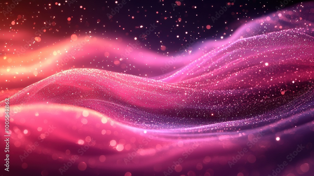 Poster abstract waves of colorful light and sparkling particles create a mesmerizing visual effect in a dar
