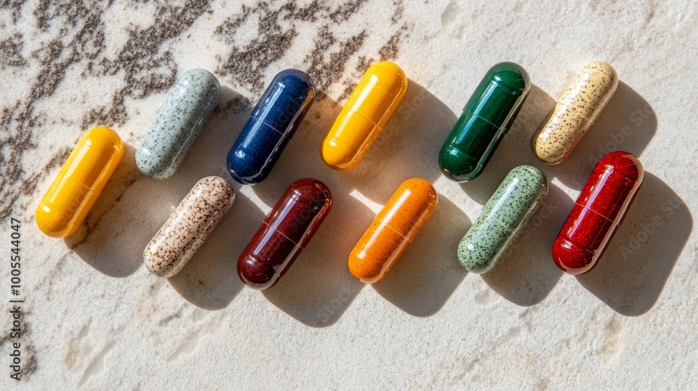 Poster colorful dietary supplements arranged in a row on a textured surface, showcasing various shapes and 