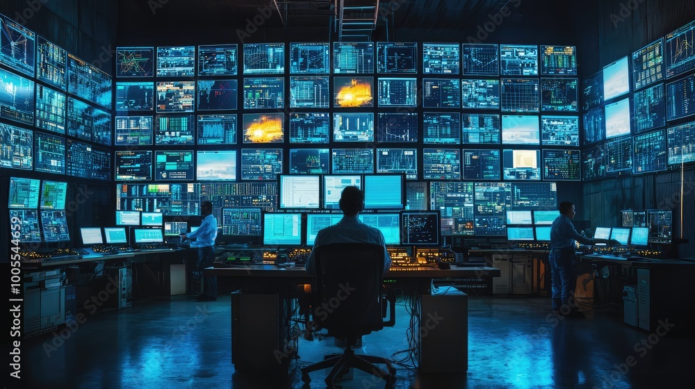 Poster a modern control room filled with multiple screens and monitors, showcasing data and technological a