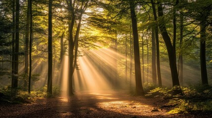 Fototapeta premium Serene forest scene with sunlight filtering through lush green trees.