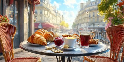 Authentic French Breakfast with Coffee and Pastries in a Picturesque  Setting
