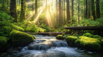 Obraz premium Serene forest scene with sunlight filtering through trees and reflecting on a stream.