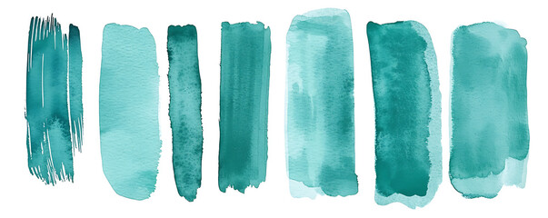Naklejka premium A collection of hand-drawn watercolor stripes in various shades of turquoise displayed on a white background