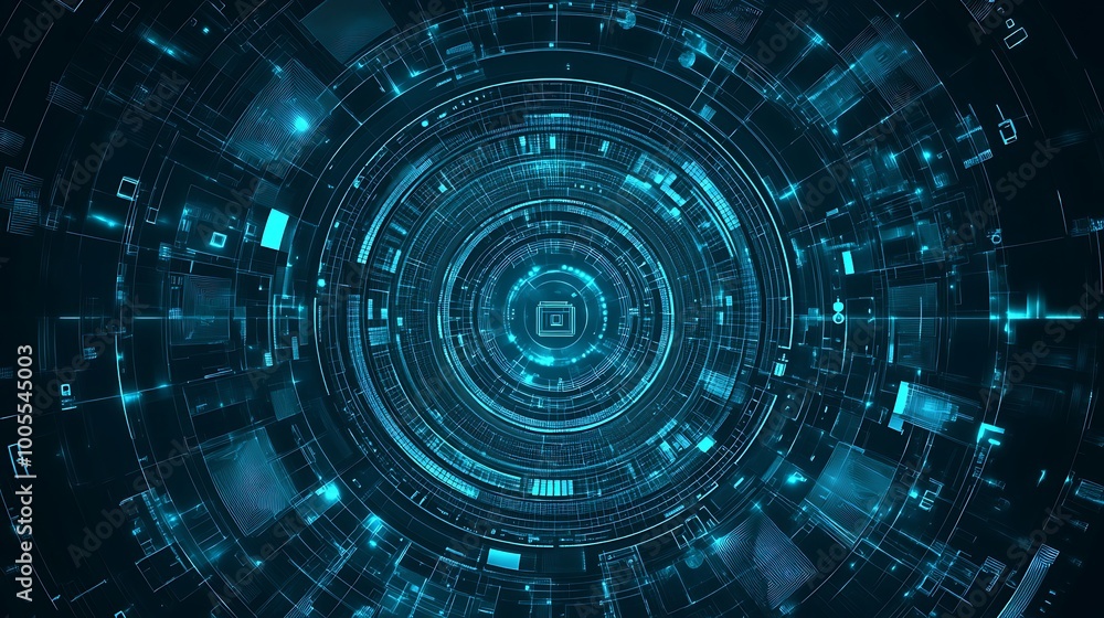 Poster Futuristic abstract digital technology background with blue glowing lines and circular shapes.