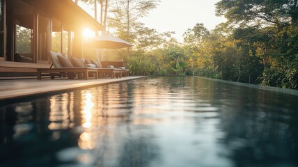 Fototapeta premium Serene poolside view with sunset, surrounded by lush greenery and tranquil atmosphere.