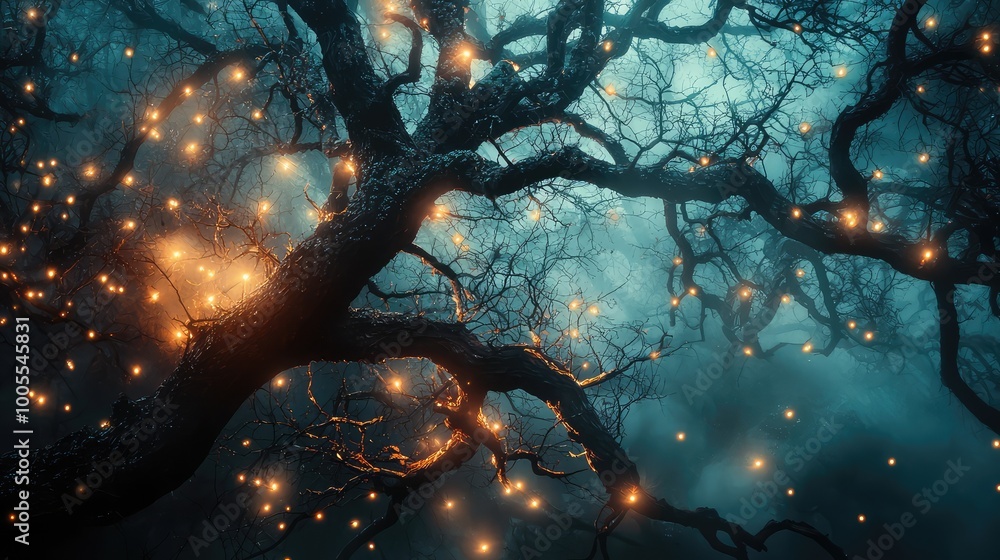 Poster a mystical scene of a tree illuminated by soft glowing lights, creating an enchanting atmosphere in 