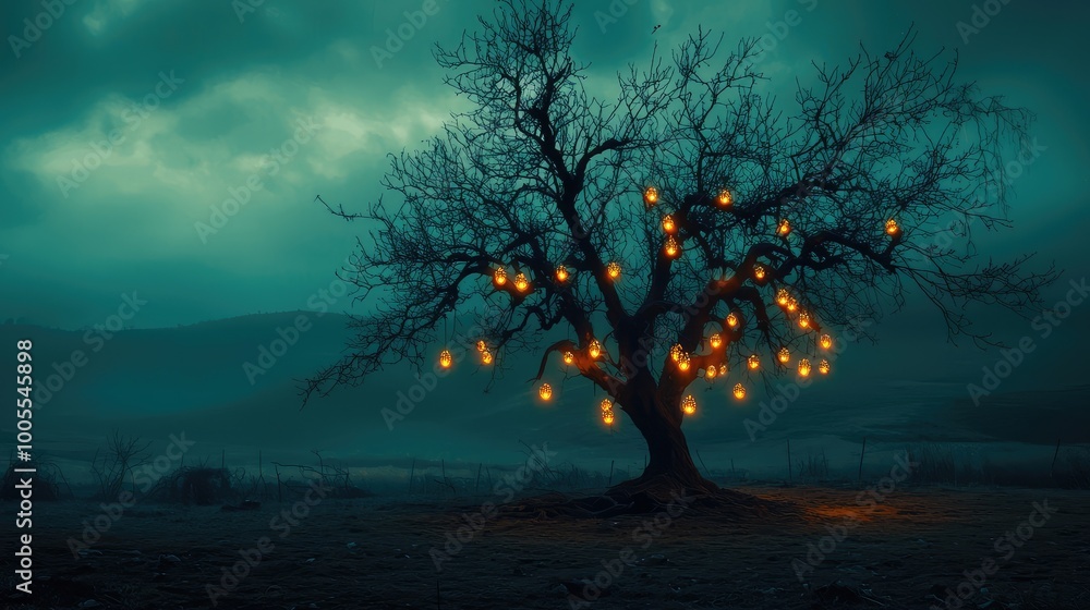 Poster a mystical tree adorned with glowing lanterns, set against a dark, cloudy backdrop, creating an ench